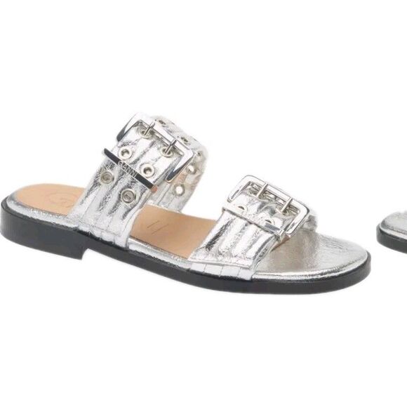 Giason Leather Double Strap Sandals Size 9 Silver Buckles Slip-on New - Picture 1 of 7